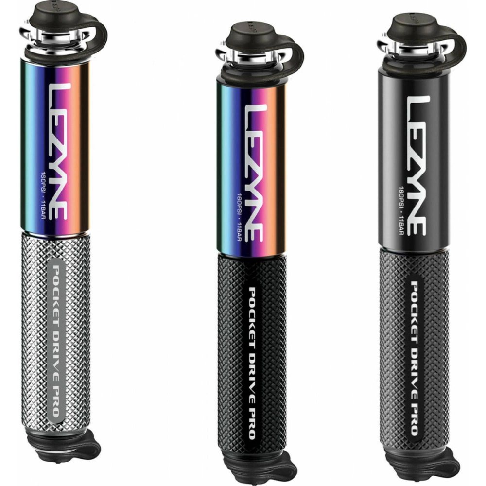Tři minipumpy Lezyne Pocket Drive Pro vedle sebe - stříbrná, duhová a černá